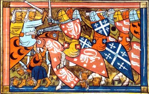 Ms FR 22495 f.265v Battaglia di Damietta in Egitto nel 1218-1219, durante la quinta crociata (1217-1221) da Historia di Guillaume de Tyr, 1337